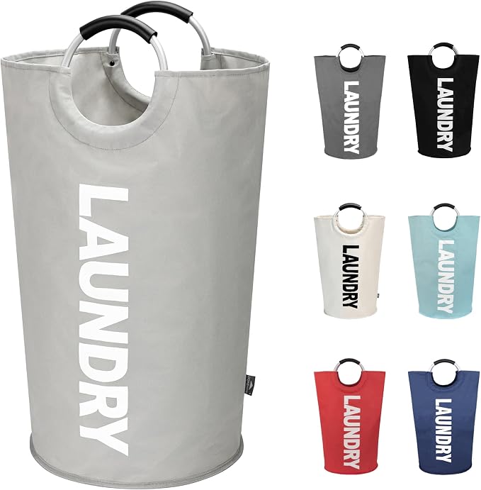 DOKEHOM 90L Large Laundry Basket Bag, Collapsible Tall Hamper, Grey | Freestanding tall washing bin & foldable laundry bag. High-capacity clothes storage basket with durable sturdy handles