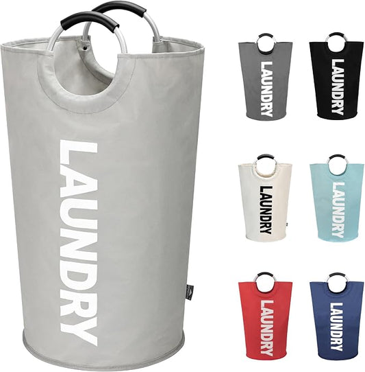 DOKEHOM 90L Large Laundry Basket Bag, Collapsible Tall Hamper, Grey | Freestanding tall washing bin & foldable laundry bag. High-capacity clothes storage basket with durable sturdy handles