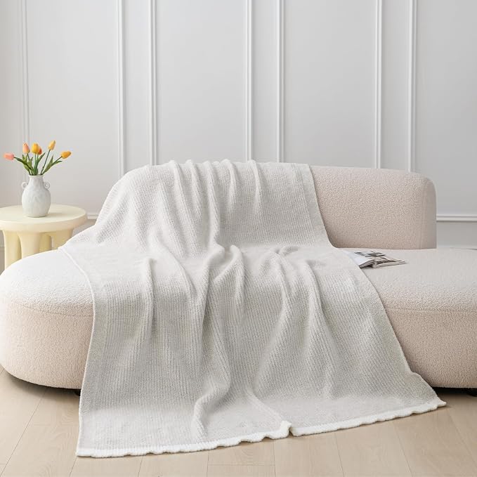 MH MYLUNE HOME Ultra Soft Ribbed Throw Blanket Plush, Beige, 50"x60" | Reversible Fleece Throw Blanket, Comfy Fluffy Fuzzy Plush Blanket Throws for Couch Sofa Bed, Cozy Blankets for Women Gift