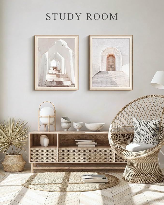 VIYYIEA Framed Landscape Wall Art Set of 2, Minimalist Mediterranean Bohemian Diptych, Beige Arched Doorway Ancient Wall Decor for Living Room Dining Area Hallway, 16×20inch