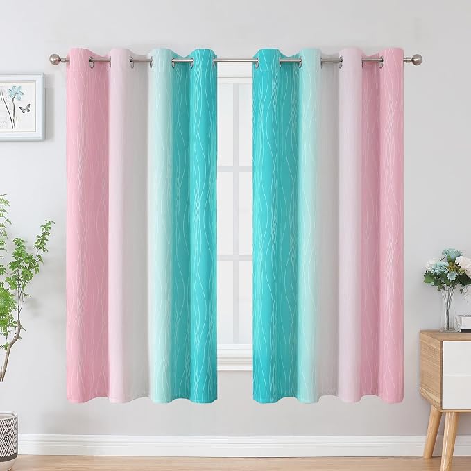 Pink and Teal Ombre Blackout Curtains for Bedroom 63 Inch | Gradient Kids Room Darkening Curtains,Thermal Insulated,Light Blocking Grommet Window Drapes for Living Room,52Wx63L,2 Panels