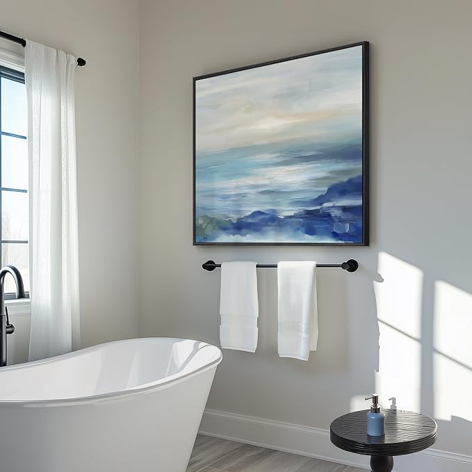 Large Framed Blue Abstract Wall Art Decor, Square Coastal Print, 30x30 Inch | Modern, Minimalist, Ocean, Canvas artwork, Living room, Bedroom wall decor, Bathroom art, Ready to hang, Solid wood frame