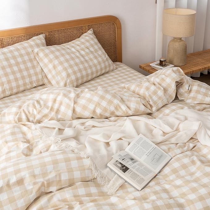 BESTOUCH Gingham Cotton Duvet Cover Set Almond Grey King | Washed Cotton, Linen Feel, Soft Wrinkle Texture, Hidden Zipper, 8 Ties, Breathable Lightweight Durable Comfy, 3 Pcs No Insert