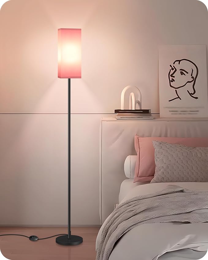 Floor Lamp, Pole with Foot Switch, Modern Standing Lamp Shade, Minimalist Freestanding Lamp (Bulb Not Included), for Living Room, Bedroom Office ETL Listed, Black and Pink P07LD05