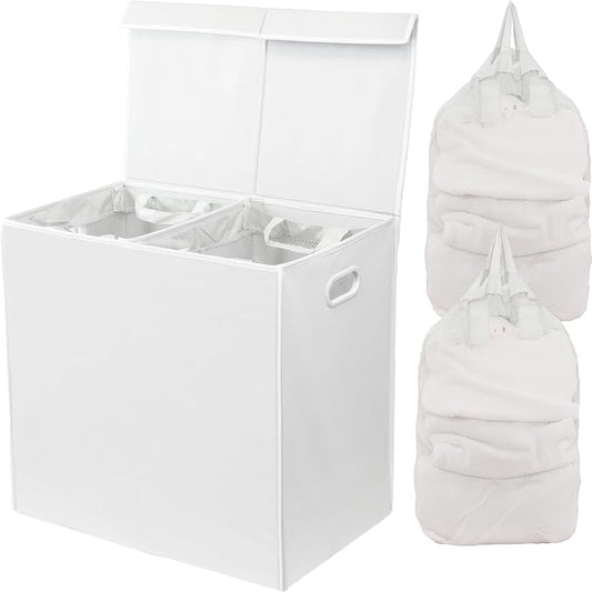 Simple Houseware Double Laundry Hamper with Lid & Removable Bags, White | with Handles for Bedroom, Laundry Room, Bathroom