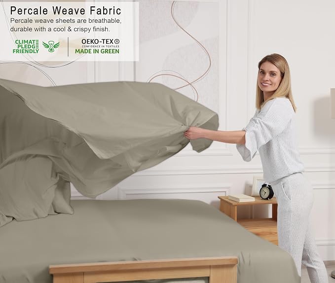 RUVANTI 100% Cotton Percale Sheets California King Size, Taupe | Crisp Cooling for Hot Sleepers, Deep Pocket 14", Soft Breathable & Durable, Hotel-Style 4 Piece Set