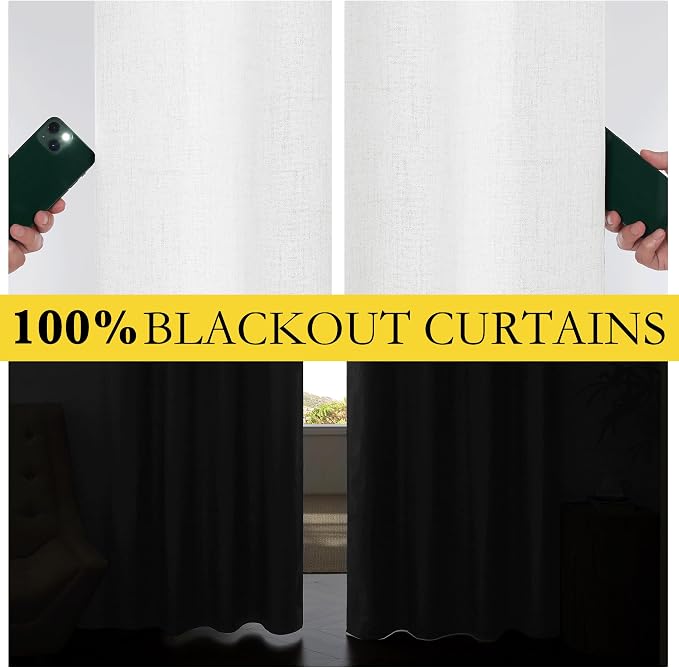 NICETOWN 100% Absolutely Blackout Linen Curtains with Thermal Insulated Liner, Greyish White, 52" Wide, 72" Length Energy Saving Curtains for Living Room 2 Panels Set, Vertical Blinds