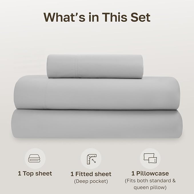 California Design Den Organic Cotton Twin Sheets Set, 3 Pcs Set, Light Grey | GOTS Certified, Lightweight Crisp & Airy Percale For Hot Sleepers, All-around Elastic, Easy Care