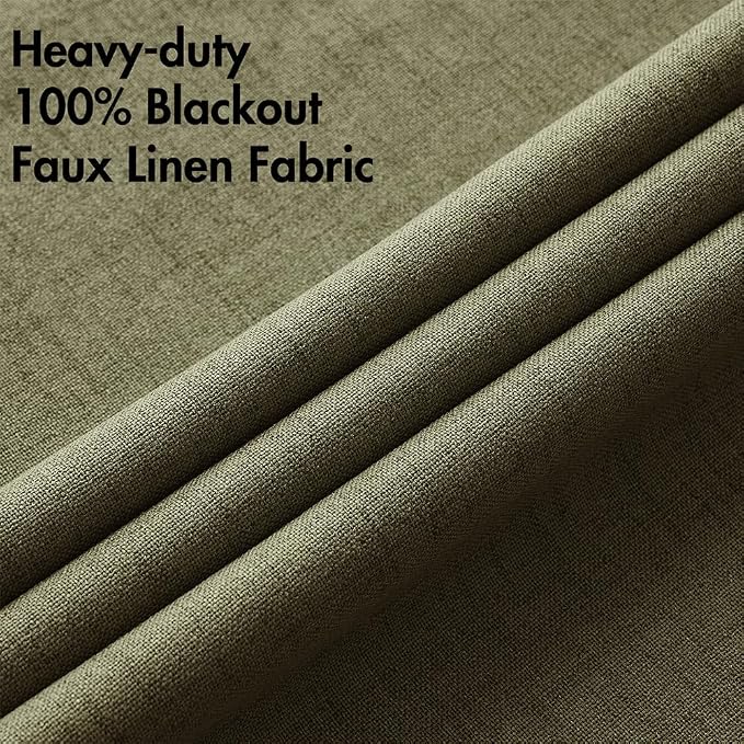 MIULEE 100% Blackout Linen Curtains for Bedroom 52x90 Light Olive Green | Room Darkening, Light Blocking, Thermal Insulated, Grommet Top, Linen Textured, Window Curtains for Living Room, 2 Panels