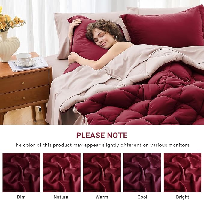 7 Pieces King Comforter Set, Reversible Bed in a Bag King Size, All Season Bedding Set with Comforter, Flat Sheet, Fitted Sheet, Pillowcases & Shams, Burgundy & Rose Gold