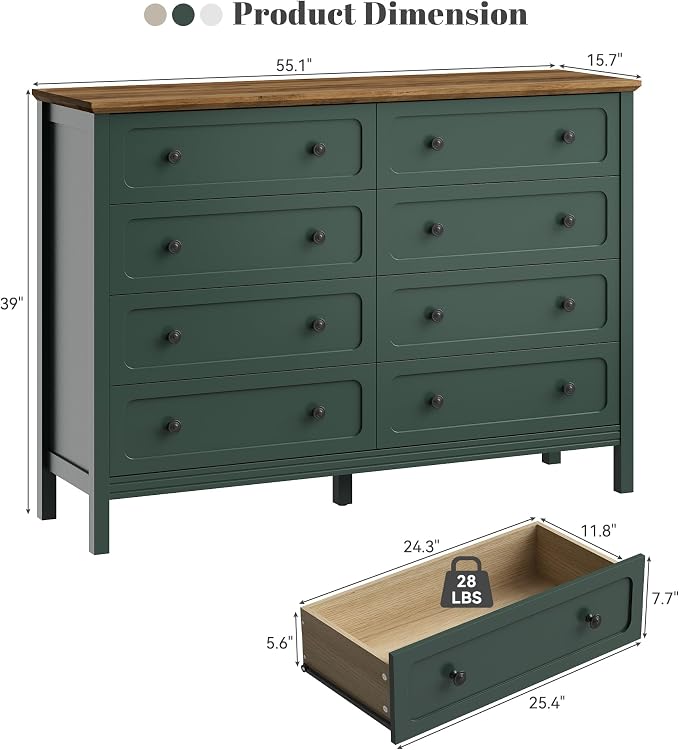 CARPETNAL 55" Green Dresser for Bedroom with 8 Drawer & Deep Drawers | Large Storage Modern Chest of Drawers with Metal Handles for Living Room, Hallway