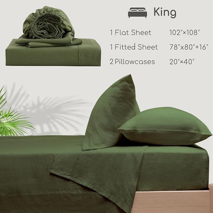 100% Linen Sheets Set King Size, Natural Pure Flax 4 Piece Bed Sets, 16" Deep Pocket, Breathable Cooling Bed Soft Durable Bedding, Machine Washable (Mossy Green,King)