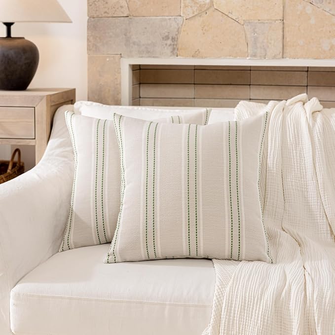Hckot Striped Throw Pillow Covers 16x16 Set of 2 Grass Green Pillow Covers | Farmhouse Decorative Pillows Textured Linen Square Cushion Covers for Sofa Couch Bed Living Room Decor(Grass Green)