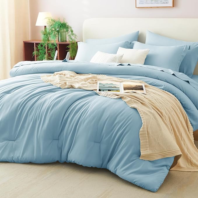 King Size Comforter Set Light Blue, 7 Pieces Bed in a Bag | OEKO-TEX Certified, All-Season, Bedroom, 240GSM Down Alternative Comforter, Flat & Fitted Sheets, 2 Pillowcases & 2 Shams