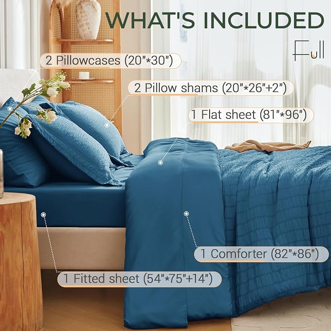 7 Pieces Full Comforter Set, Seersucker Bed in a Bag Full Size, All Season Luxury Bedding Set with Comforter, Flat Sheet, Fitted Sheet, Pillowcases & Shams, Teal