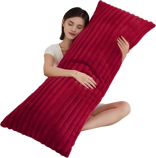 Full Body Pillow with Fluffy Stripe Faux Fur Removable Cover, 7D Fiber Fill, Long Bed Pillow for Adults 20x54 Inches for Side Sleeper and Pregnancy, Burgundy