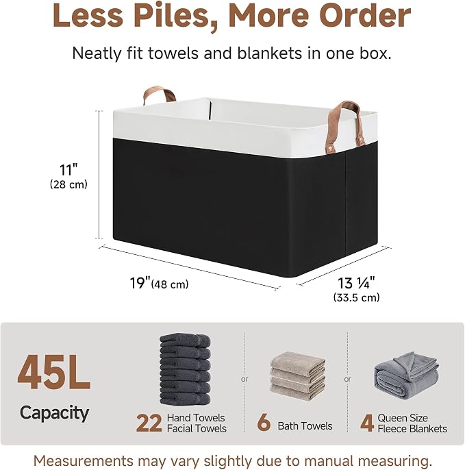StorageWorks Fabric Storage Bins, Black and White, Jumbo, 2-Pack | With Reinforced PU Handles, 45L, Metal Frame, Collapsible, Storage Basket for Shelves, Closet, Holds Clothes, Towels, Blanket