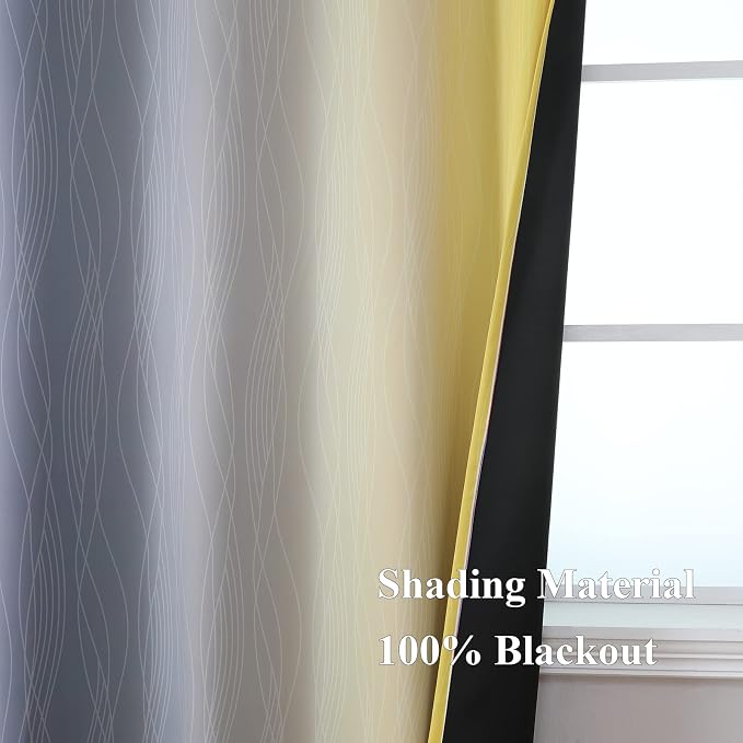 Yellow and Grey Ombre Blackout Curtains for Living Room 42Wx45L Inch Length | Estelar Textiler Room Darkening Gradient Curtains for Boys Bedroom,Thermal Insulated,Light Blocking Grommet Drapes,2 Panels