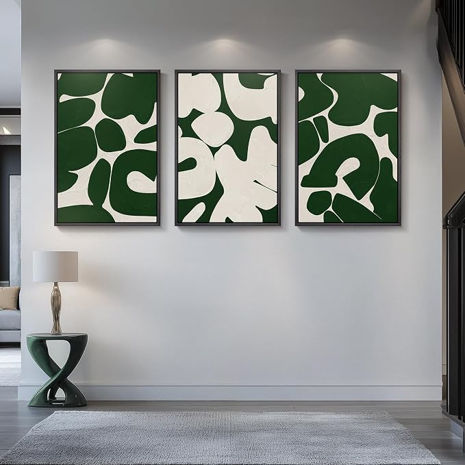 Large Framed Green White Abstract Wall Art for Living Room, 3 Piece 24x36 | Mid-century modern pictures, Canvas prints, Wood frame, Minimalist wall paintings, Wall decor for bedroom entryway hallway