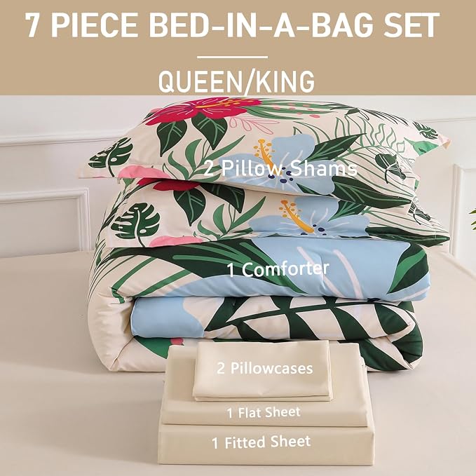 Yogeneg 7 Piece Bed in a Bag Queen Size Comforter Set Beige Bedding Set,Pink Floral Green Leaves Pattern Reversible Design,Soft Microfiber Comforter with Sheet Set,All Season(Beige,Queen)