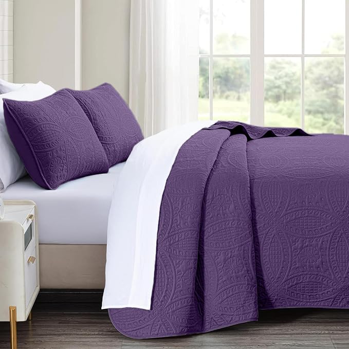 akkialla Purple Twin Quilt Set, Ultrasonic Lightweight Bedspread Coverlet for Modern Minimalist Bedroom, Soft Microfiber Coin Pattern Bedding, 2-Piece (1 Quilt, 1 Pillow Sham) | Breathable fabric