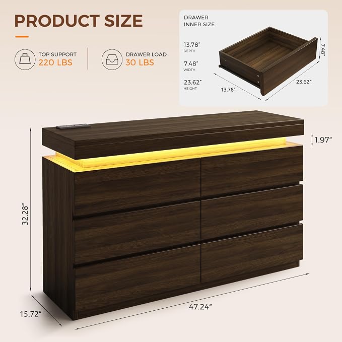 6 Drawer Dresser with LED Lights and Charging Station, Modern Brown Dresser | RGB Lights with App and Remote Control, Music Sync Mode, 6 Spacious Drawers and Durable MDF Storage for Bedrooms or Closets