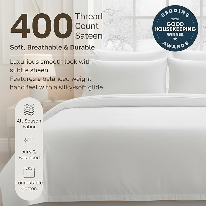 California Design Den Cotton Sateen Soft Duvet Cover King, Striped White | Duvet Cover Only, Comforter Not Included, Backed by Good Housekeeping Seal, Button Closure & Corner Ties