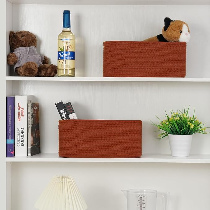 3 Pack Storage Baskets for Organizing, 13.7×9.5×6.3", Brick Red | Woven Baskets for Shelves, Cotton Rope Basket for Gifts Empty, Closet Organizer Bins with Handles, Cube Decorative Box