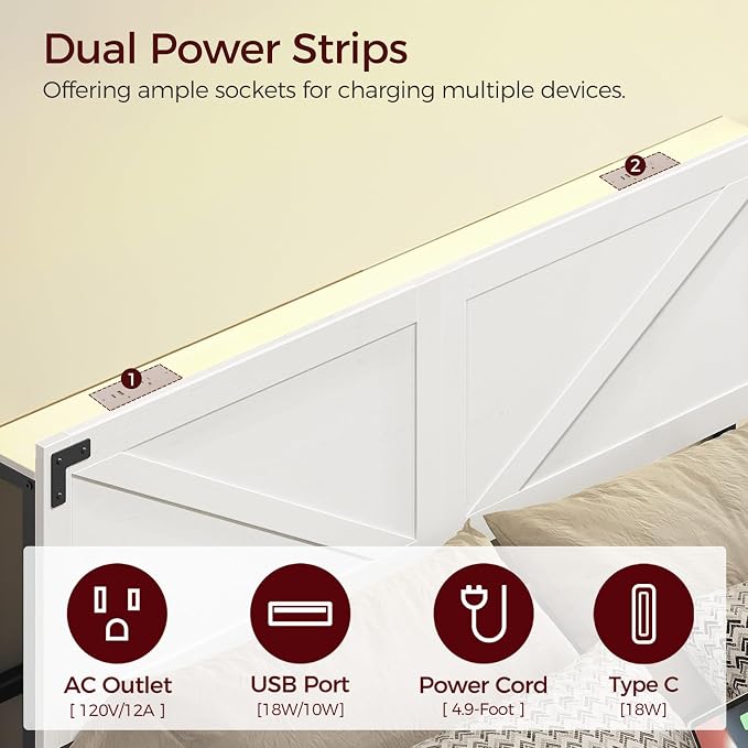 MAHANCRIS Queen Headboard with Charging Station, LED Light and Storage | Farmhouse Wooden Bed Head with Bed Frame Adapter LED Adjustable Brightness and Color Modes Easy Assembly White