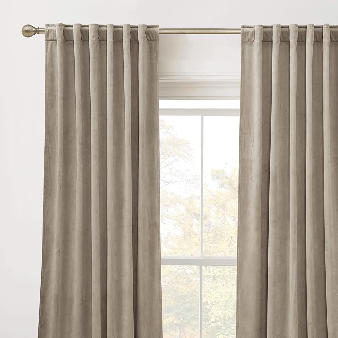 RYB HOME Velvet Curtains 90 inches Long for Sliding Patio Door | Thermal Insulated， Privacy UV Heat Blocking, Back Tab, Room Divider for Space Separation, W62 x L90, Camel Beige, 2 Panels