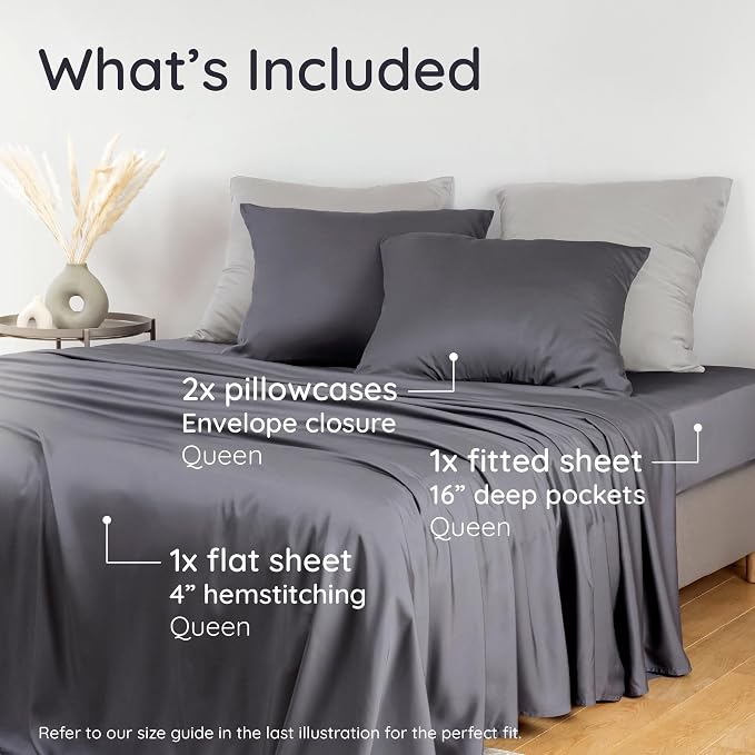 Bambaw 100% Viscose Derived from Bamboo Sheets Queen Size Set – 4pcs Cooling Sheet Set, Super Soft Sheets Queen Size, Luxury Bed Sheets, Deep Pocket Fits Up to 16'' Mattresses (Charcoal)