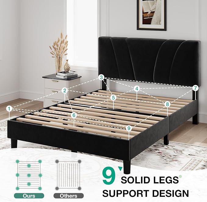 Novilla Queen Bed Frame, Queen Size Bed Frame with Wooden Slats Support, Velvet Upholstered Headboard, No Box Spring Needed, Heavy Duty Feet, Easy Assembly, Black Velvet