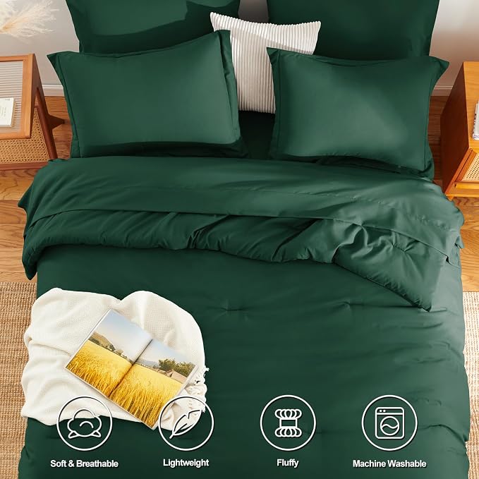 HIMEET Queen Comforter Set 7-Piece Point-Quilted Bed in a Bag Emerald Green | OEKO-TEX Certified, Lightweight 240 GSM Comforter, Flat Sheet, 14-Inch Deep-Pocket Fitted Sheet, Pillowcases & Shams