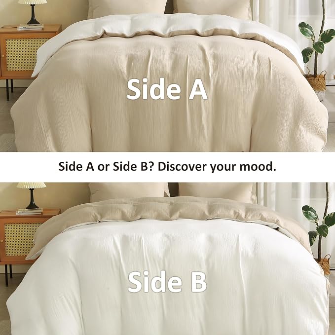 EMME Cotton Muslin Duvet Cover Set Twin Size Linen Like Soft Breathable Lightweight Summer Comforter Cover Set with Zipper Closure (Light Tan&White, Twin, 68"x90")