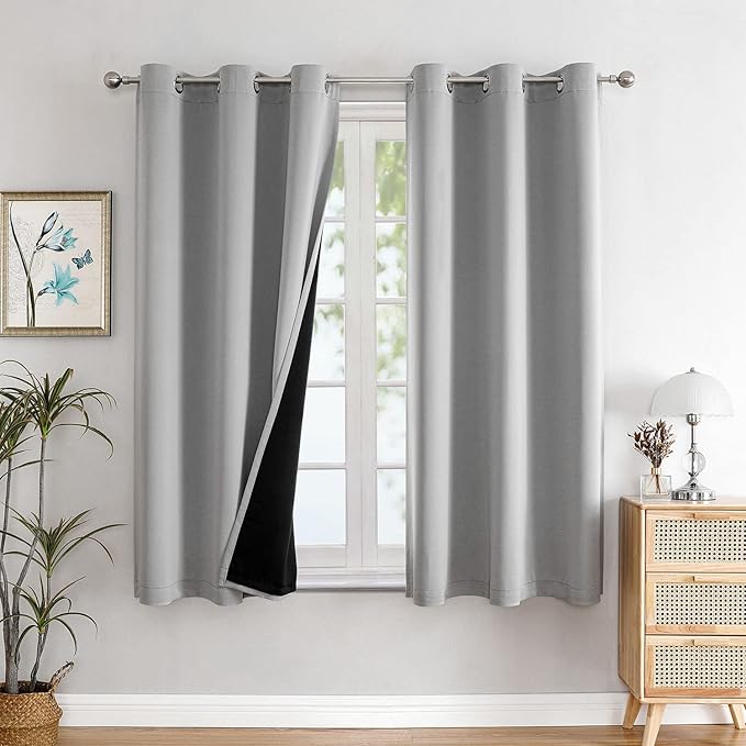 ChrisDowa 100% Blackout Curtains for Bedroom 45 Inch Long with Black Liner | 2 Thick Layers, Thermal Insulated, Grommet, Window Treatment, Living Room Drapes, 2 Panels Set, Light Grey, 42 x 45 Inch