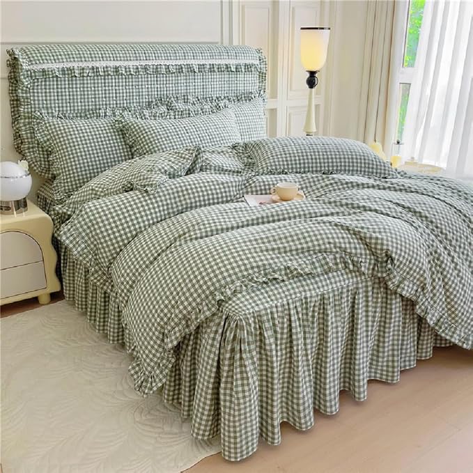 LifeTB Queen Comforter Set Green Gingham Comforter Vintage Ruffle Checkered Pattern Comforter Set Chic Grid Plaid Bedding Comforter Lightweight Fluffy Soft Gingham Bedding Set Queen Breathable