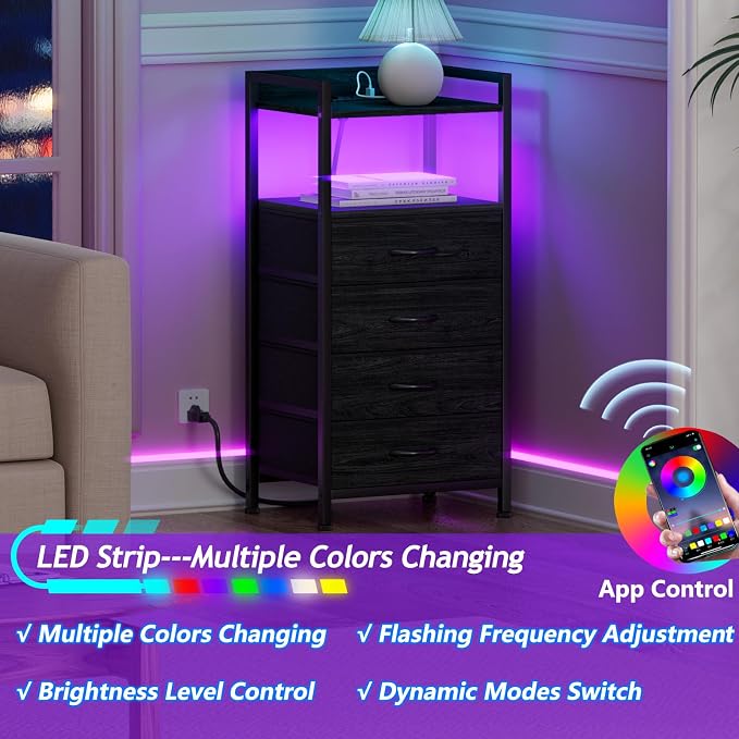 Furnulem Night Stand with Charging Station,LED,Tall Bedside Table for Dorm | 4 Drawer Dresser for bedroom, with LED light & Remote Control, Fabric Bins and Metal Frame,Wood Desk Top,Easy Assemble,Black