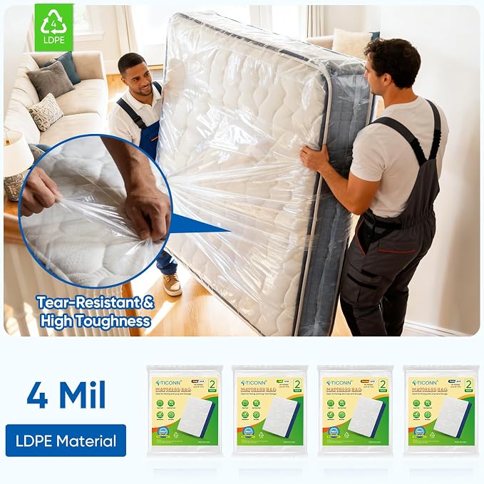 TICONN 1PK Plastic Mattress Bags for Moving, Waterproof Mattress Cover | 3D Gusset Design, Tear Resistant & Dust Protection, Multiple Sizes /Thickness Options, Reusable Mattress Protector