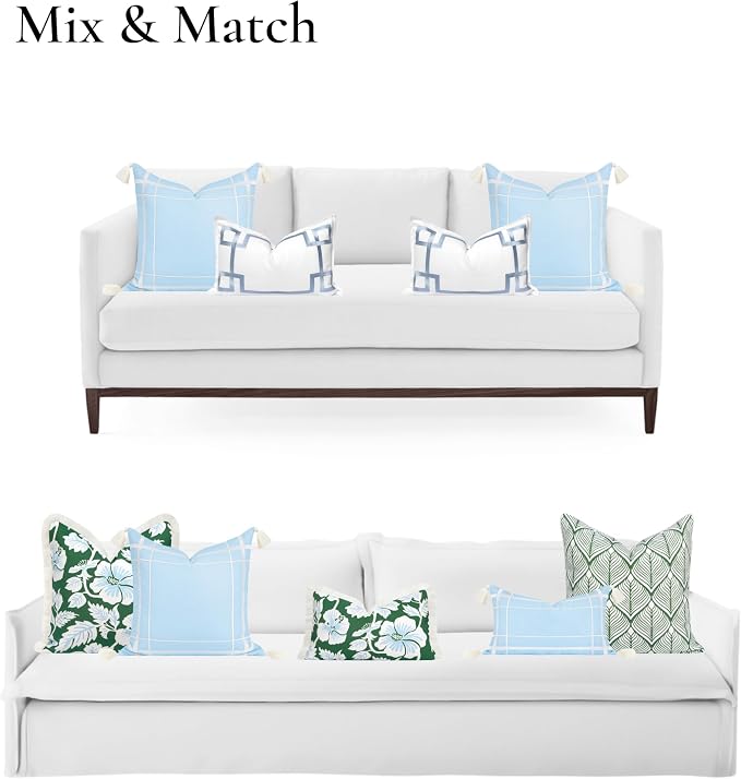 Hofdeco Premium Coastal Patio Indoor Outdoor Throw Pillow Cover Only, 20"x20" Water Repellent for Backyard, Couch, Baby Blue Embroidered Line Frame