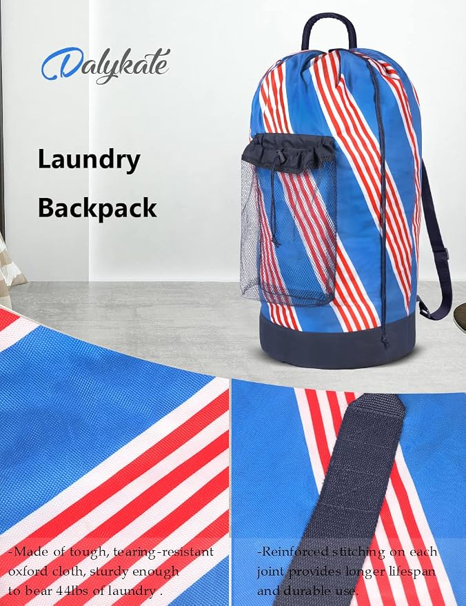 Backpack Laundry Bag with Shoulder Straps and Mesh Pocket Durable Nylon Clothes Hamper Bag with Drawstring Closure for College, Travel, Laundromat, Apartment