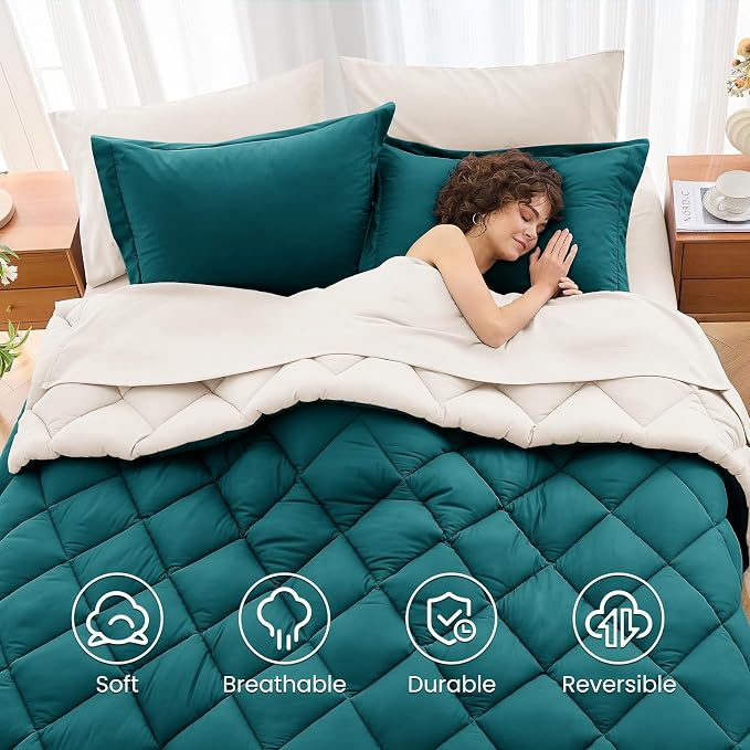 7 Pieces Queen Comforter Set, Reversible Bed in a Bag Queen Size, All Season Bedding Set with Comforter, Flat Sheet, Fitted Sheet, Pillowcases & Shams, Peacock Blue & Ivory