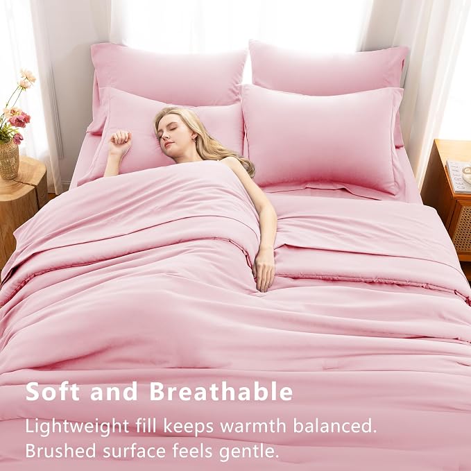 Queen Comforter Set Pink, 7 Pieces Bed in a Bag | OEKO-TEX Certified, All-Season, Bedroom, 240GSM Down Alternative Comforter, Flat & Fitted Sheets, 2 Pillowcases & 2 Shams