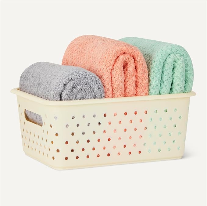 Amazon Basics Decorative BPA-Free Plastic Storage Baskets, 9.9 x 7.4 x 4.16 in, Ivory, 6-Pack