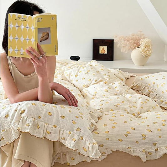 Cute Yellow Duck Print Duvet Cover Twin for Kids Toddler Girls Boys 100% Cotton Muslin Quilt Cover Twin, 68"x86", Ruffled Bedding Soft Breathable, Zipper Closure, No Pillowcase