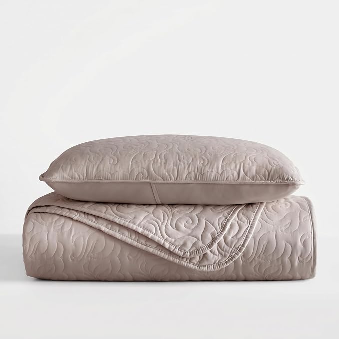 Merit Linens Modern Quilt Coverlet Soft Set in Floral Stitching - Twin/TwinXL Latte