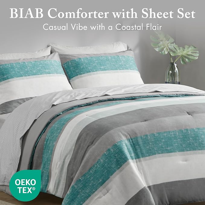 Madison Park Essentials Full Comforter Set, Bed in A Bag Comforter & Sheet Set, Modern Casual Stripes Print, All Seasons, Soft Microfiber Bedding Makeover, Matching Shams, Full Aqua/Grey 7 Piece