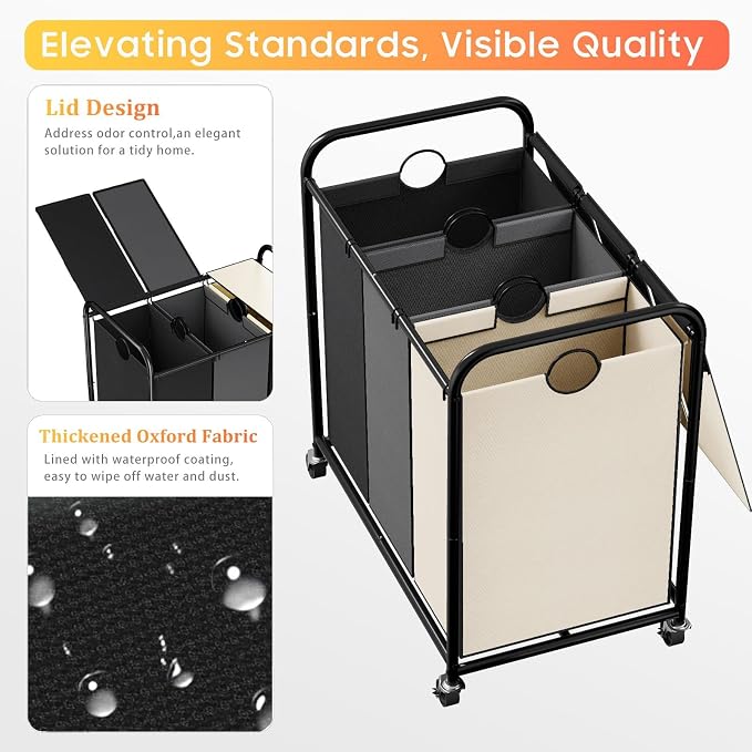180L Laundry Sorter 3 Section, Rolling Laundry Basket with Wheels and Lid | 47.55 Gal Laundry Hamper, 3 Separated Removable Bags, Lockable Wheels, Dirty Clothes Hamper for Laundry Room, Multicolored