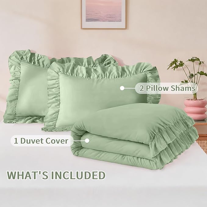 FUANNA Sage Green Duvet Cover Queen Size 3 Pieces, Farmhouse Bedding | Ultra Soft 4-Inch Ruffle Duvet Cover Set with Corner Ties & 2 Pillow Shams, Vintage Bed Set for Women & Girls, No Comforter