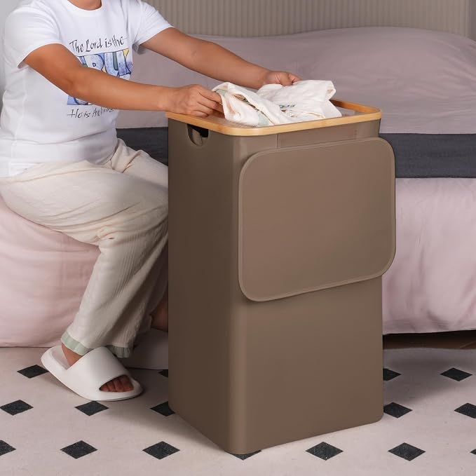 efluky 26 Gal Laundry Basket with Lid and Net Bag, Tall Laundry Hamper with Bamboo Handles, Aesthetic Dirty Clothes Bin for Laundry Room, Bathroom, Bedroom and Dorm, Brown