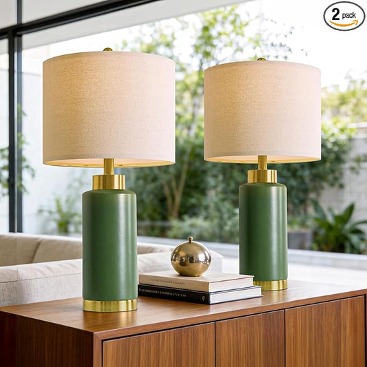 USumkky 25" Green Ceramic Table Lamp Set of 2, Modern Mid-Century Bedside Nightstand Lamps for Bedroom Living Room, Linen Shade & Gold Metal Base, Rotary Switch E26 (Bulbs Excluded)